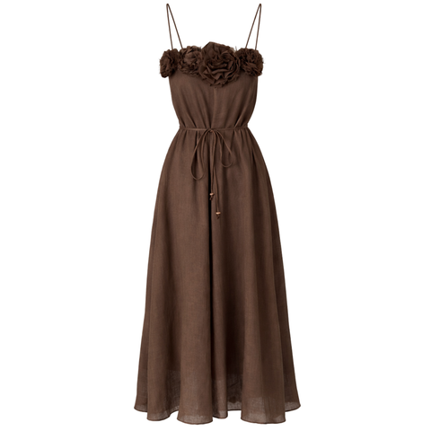 ÇİÇEK APLİKELİ İP ASKILI KETEN ELBİSE KAHVE