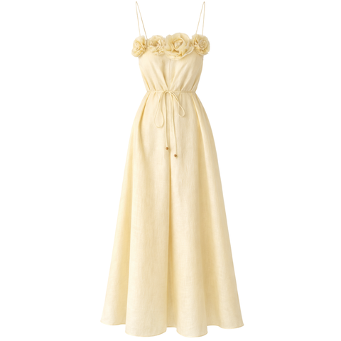 ÇİÇEK APLİKELİ İP ASKILI KETEN ELBİSE SARI