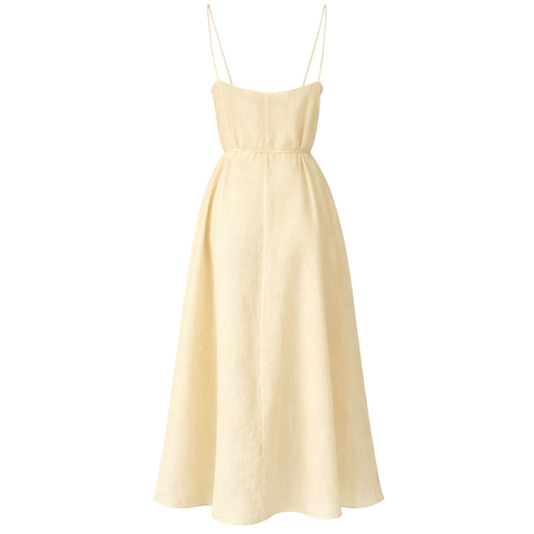 ÇİÇEK APLİKELİ İP ASKILI KETEN ELBİSE SARI