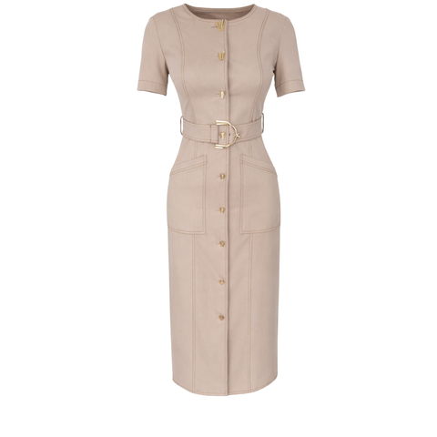 KEMER DETAYLI GOLD DÜĞMELİ MİDİ BOY ELBİSE BEJ