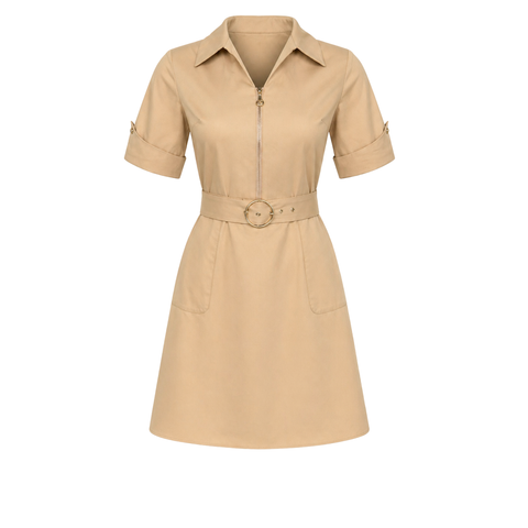 CEP DETAY KEMERLİ COTTON ELBİSE CAMEL
