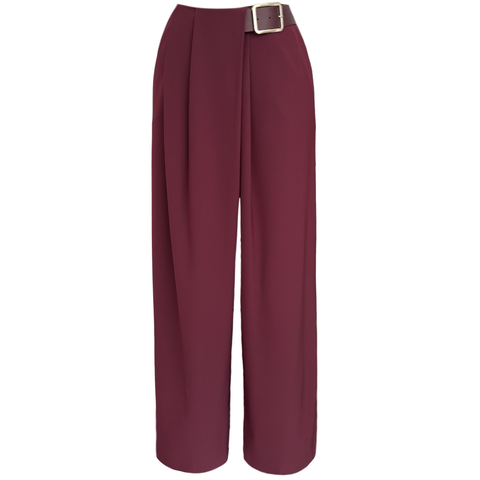 KEMER DETAY PİLELİ GENİŞ PAÇA PANTOLON BORDO