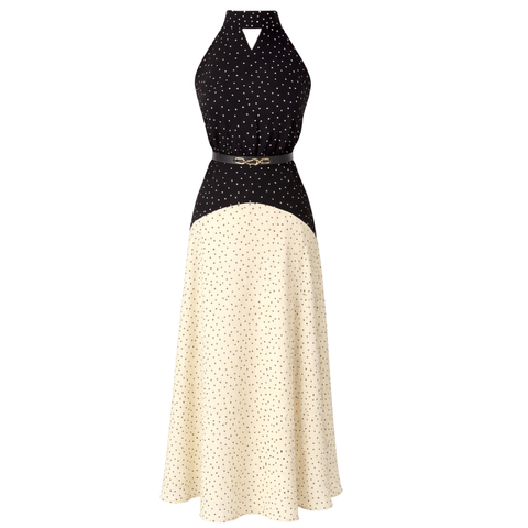 BOYUNDAN BAĞLAMALI PUANTİYE DESEN ŞİFON ELBİSE