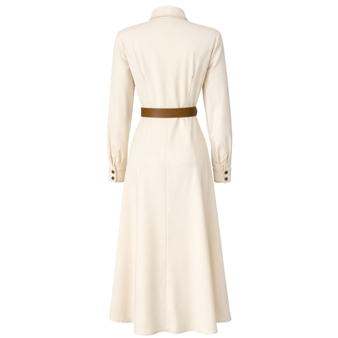 KEMERLİ MAKSİ BOY GABARDİN ELBİSE EKRU