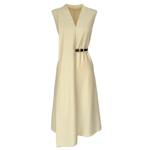 ASİMETRİK KUMAŞ DETAY KEMERLİ TENCEL ELBİSE SARI