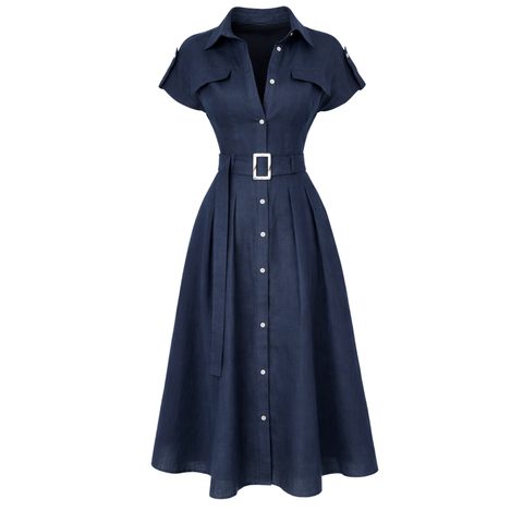 KEMER DETAY %100 KETEN ELBİSE LACİVERT