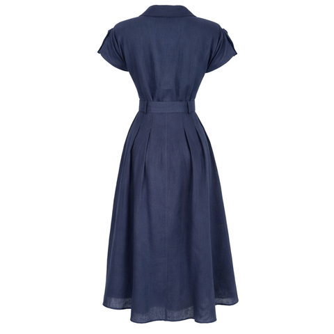 KEMER DETAY %100 KETEN ELBİSE LACİVERT