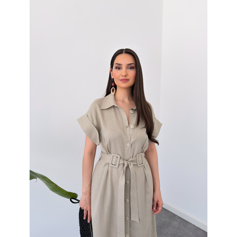DORA KEMER DETAY ELBİSE BEJ