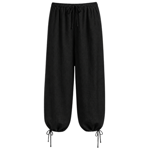 PAÇA DETAY %100 KETEN PANTOLON SİYAH