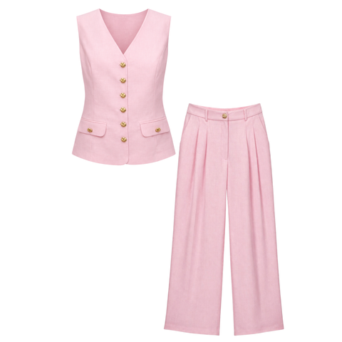 GOLD DÜĞMELİ KETEN TAKIM PEMBE