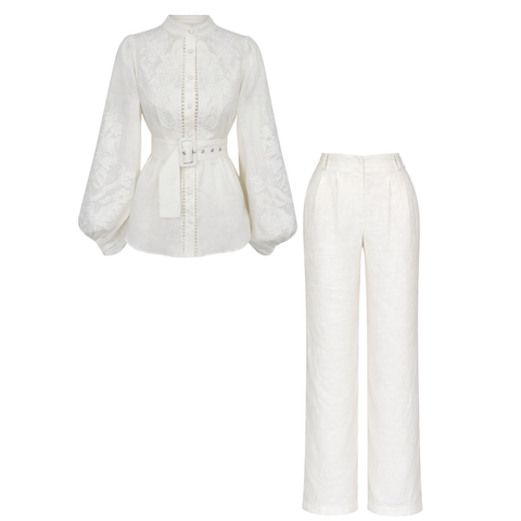 NAKIŞLI %100 KETEN TAKIM EKRU