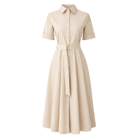 KISA KOL PİLE DETAY GÖMLEK ELBİSE KREM