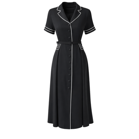 KONTRAST BİYELİ KEMER DETAY ELBİSE SİYAH