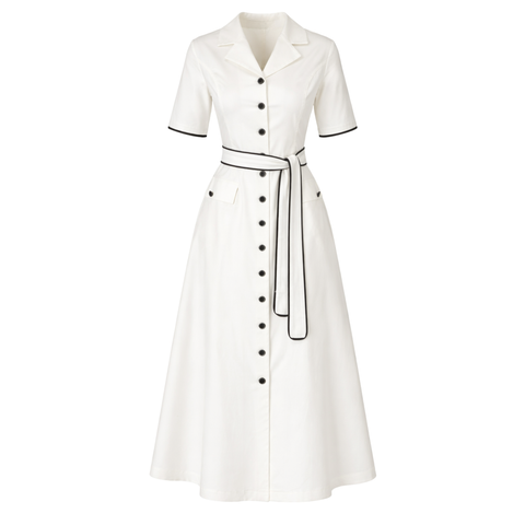 KONTRAST DÜĞME VE BİYE DETAY COTTON ELBİSE BEYAZ