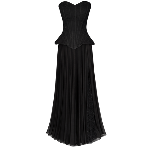 KORSAJLI PİLE DETAY UZUN ABİYE ELBİSE SİYAH