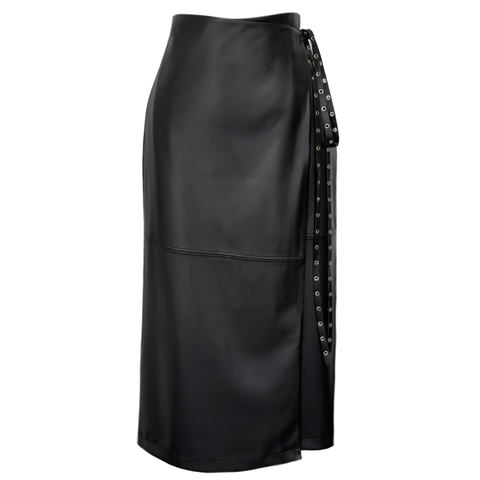 KRUVAZE BAĞLAMALI SUNİ DERİ ETEK SİYAH