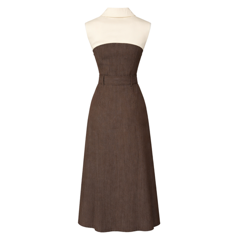 KUMAŞ MİX KEMERLİ MİDİ BOY ELBİSE KAHVE