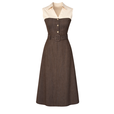 KUMAŞ MİX KEMERLİ MİDİ BOY ELBİSE KAHVE