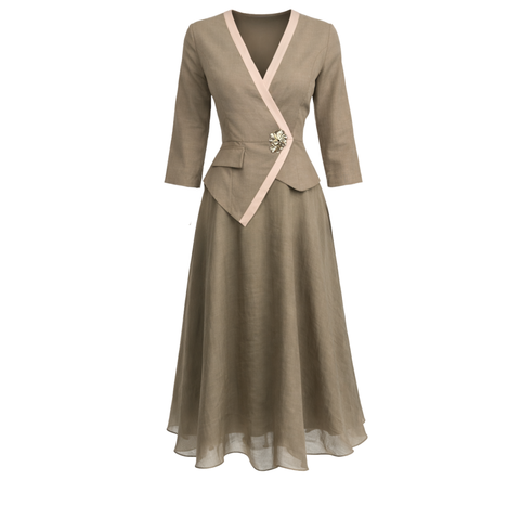 KRUVAZE YAKA KUMAŞ MİX ELBİSE HAKİ