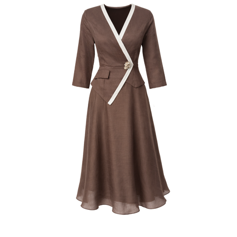 KRUVAZE YAKA KUMAŞ MİX ELBİSE KAHVE