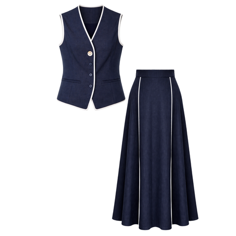 KONTRAST BİYE DETAY %100 KETEN TAKIM LACİVERT