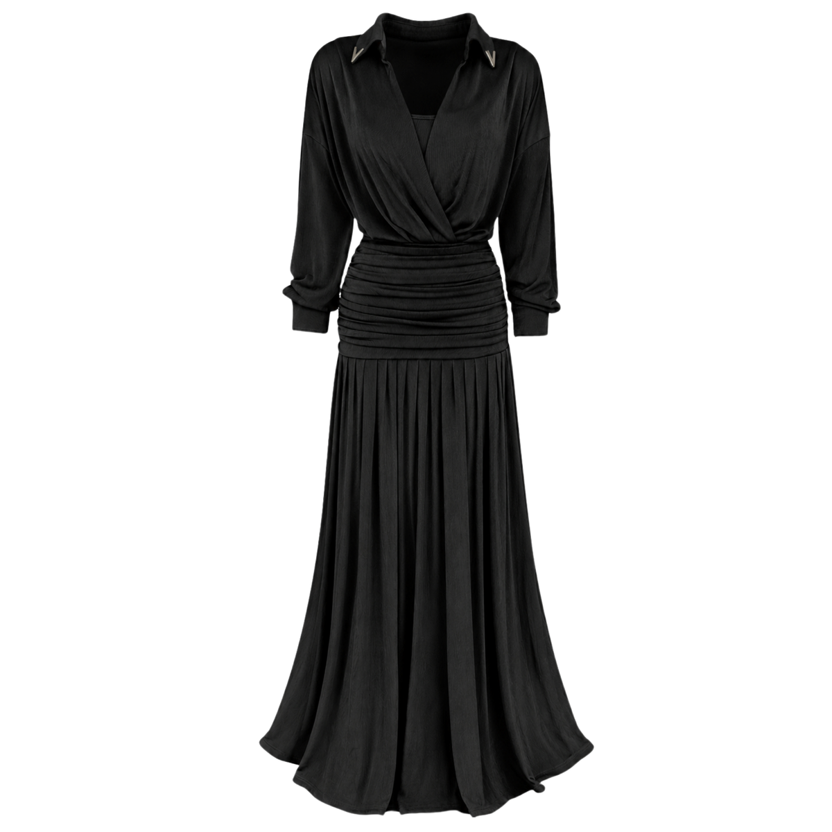 MAKSİ BOY DRAPE DETAY ELBİSE SİYAH