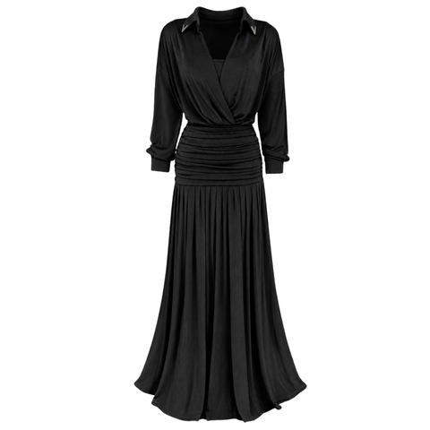 MAKSİ BOY DRAPE DETAY ELBİSE SİYAH