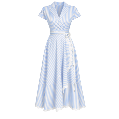 ETEĞİ VOLANLI KRUVAZE MODEL ÇİZGİLİ ELBİSE MAVİ