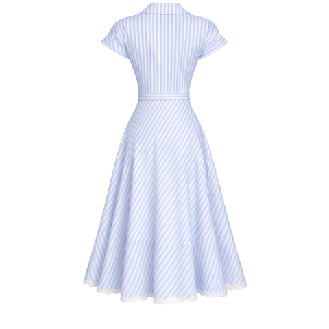 ETEĞİ VOLANLI KRUVAZE MODEL ÇİZGİLİ ELBİSE MAVİ