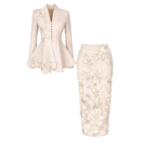 MİMOSA NAKIŞLI ETEK VE CEKET TAKIM EKRU