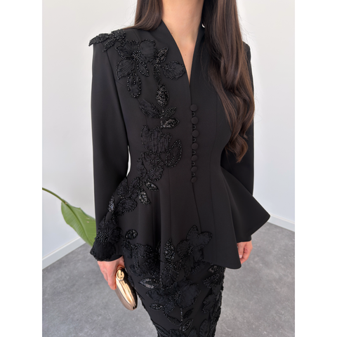 MİMOSA NAKIŞLI ETEK VE CEKET TAKIM SİYAH