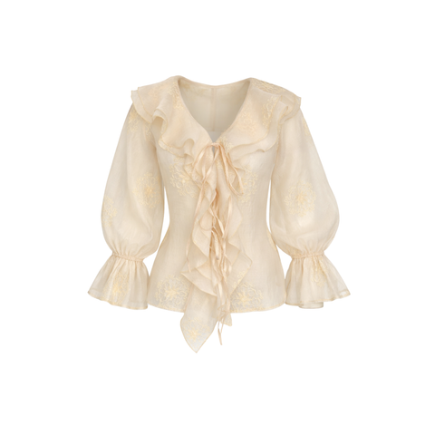 NAKIŞ DETAY YARI TRANSPARAN BLUZ KREM