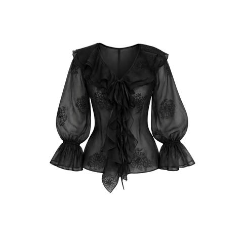 NAKIŞ DETAY YARI TRANSPARAN BLUZ SİYAH