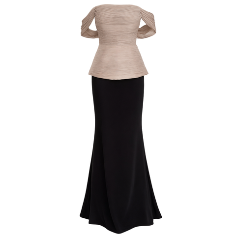 OMUZ DETAY BELE OTURAN UZUN ABİYE ELBİSE SİYAH