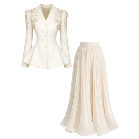 OMUZLARI 3D ÇİÇEK İŞLEMELİ TAKIM EKRU