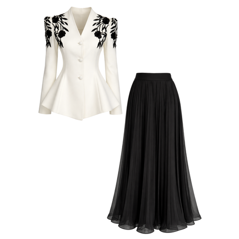 OMUZLARI 3D ÇİÇEK İŞLEMELİ TAKIM SİYAH