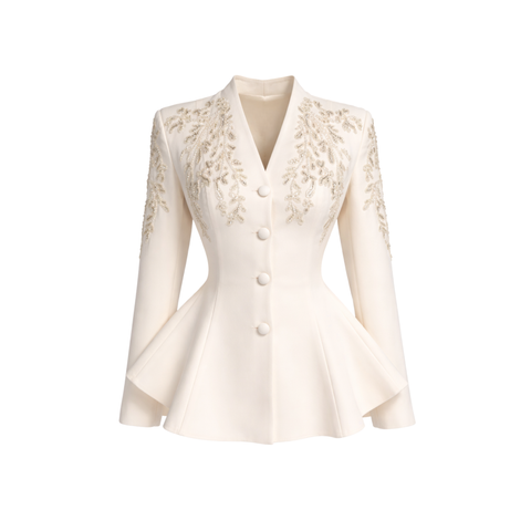 OMUZLARI İŞLEME DETAY CEKET VE PANTOLON TAKIM EKRU