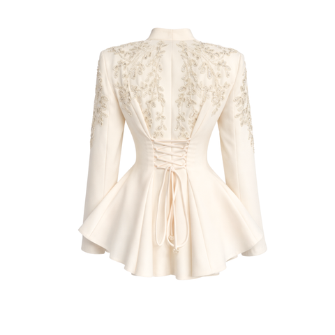 OMUZLARI İŞLEME DETAY CEKET VE PANTOLON TAKIM EKRU