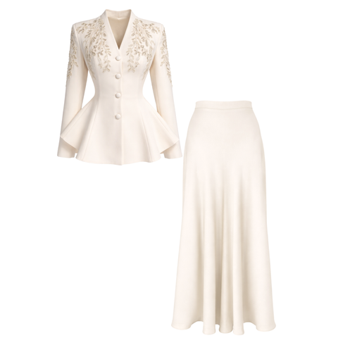 OMUZLARI NAKIŞ DETAY ETEKLİ TAKIM EKRU