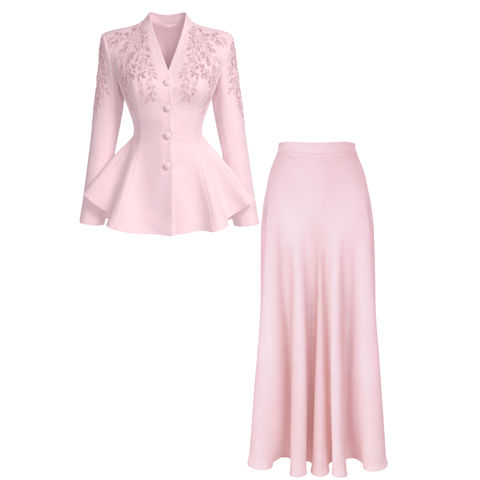 OMUZLARI NAKIŞ DETAY ETEKLİ TAKIM PEMBE