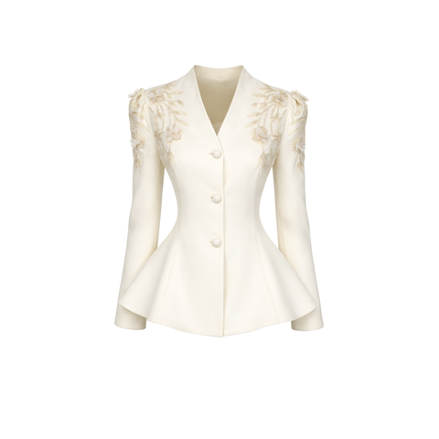 OMUZLARI 3D ÇİÇEK İŞLEMELİ TAKIM EKRU