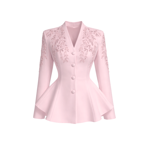 OMUZLARI NAKIŞ DETAY ETEKLİ TAKIM PEMBE