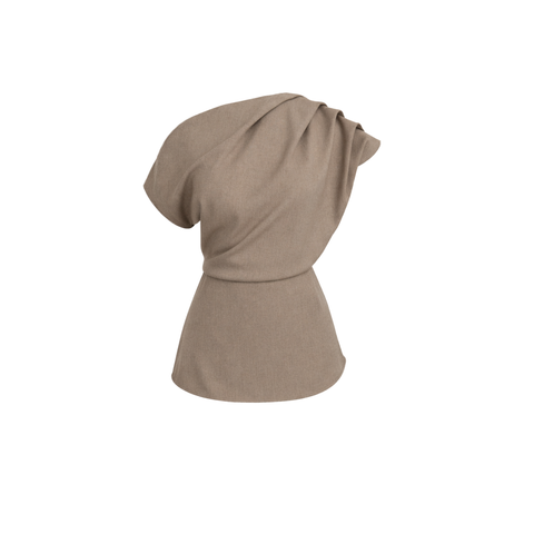 ASİMETRİK YAKA DRAPE DETAY BLUZ VİZON