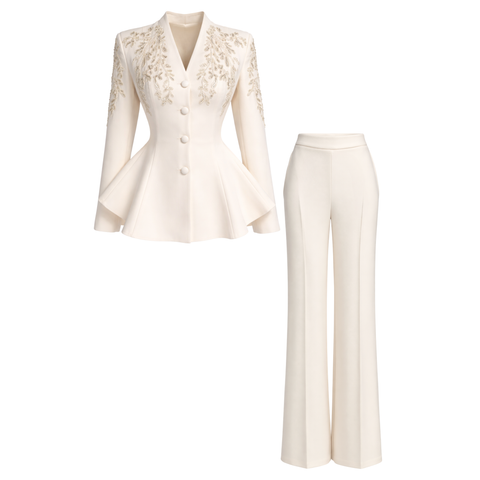 OMUZLARI İŞLEME DETAY CEKET VE PANTOLON TAKIM EKRU