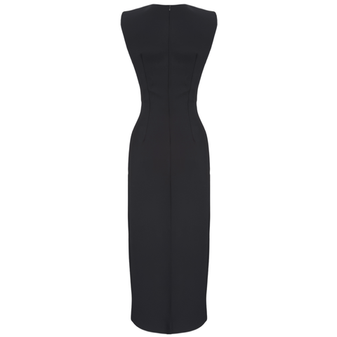 YAKA DETAY ÖNDEN YIRTMAÇLI MAKSİ BOY ELBİSE SİYAH