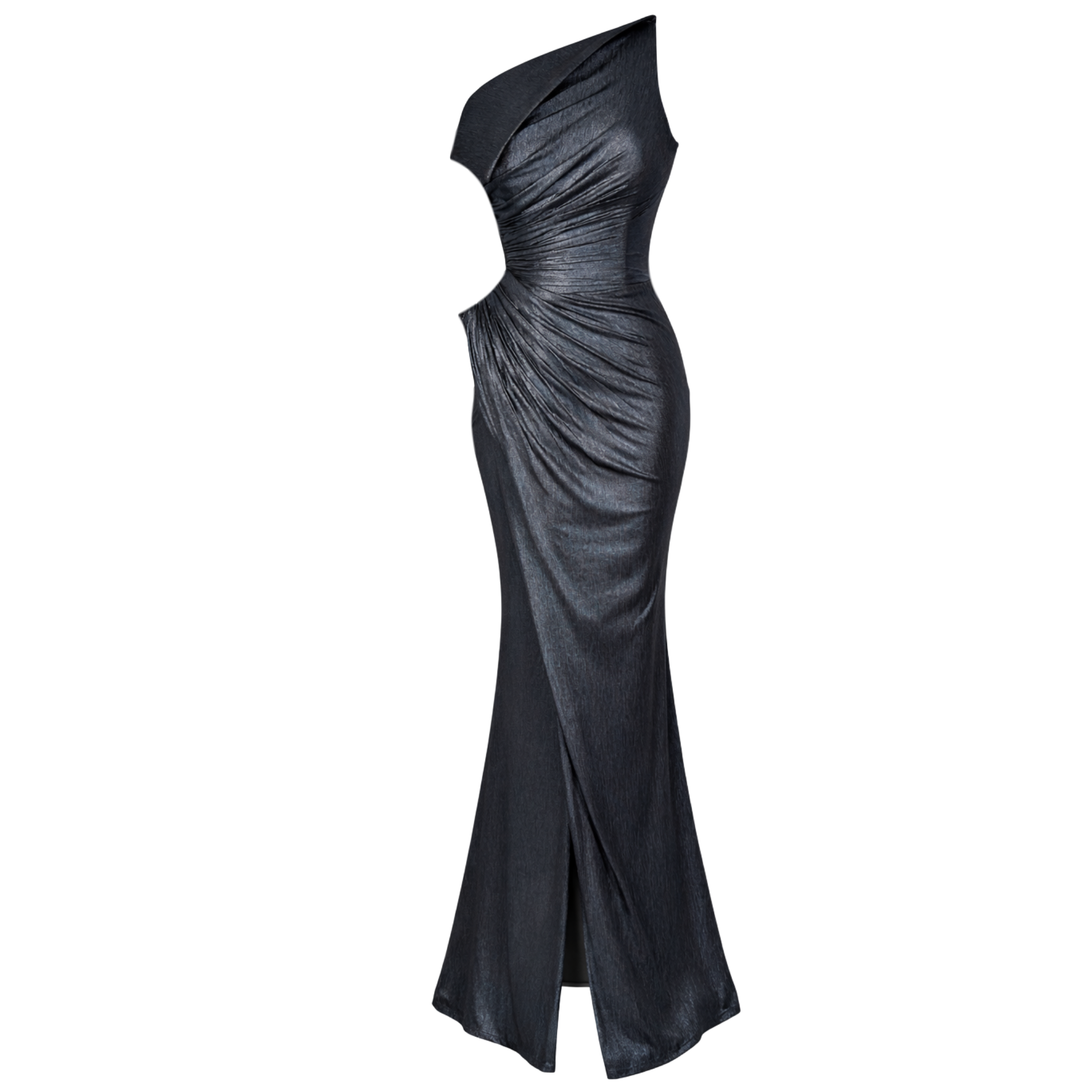 BELDEN DRAPE DETAY YIRTMAÇLI UZUN ABİYE ELBİSE ANTRASİT