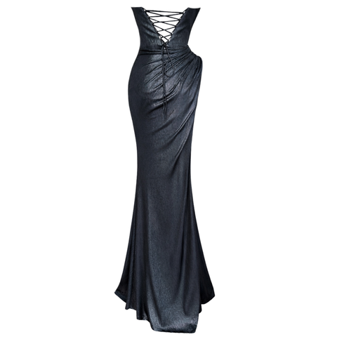 BELDEN DRAPE DETAY YIRTMAÇLI UZUN ABİYE ELBİSE ANTRASİT