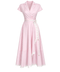 ETEĞİ VOLANLI KRUVAZE MODEL ÇİZGİLİ ELBİSE PEMBE