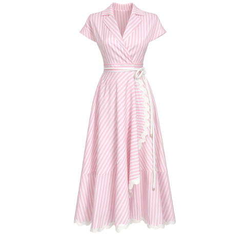 ETEĞİ VOLANLI KRUVAZE MODEL ÇİZGİLİ ELBİSE PEMBE