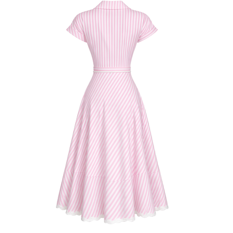 ETEĞİ VOLANLI KRUVAZE MODEL ÇİZGİLİ ELBİSE PEMBE